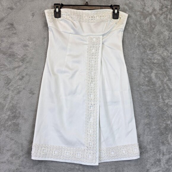 Trina Turk Strapless Dress Womens 2 White Geometric Eyelet Trim Made in USA - Picture 1 of 12